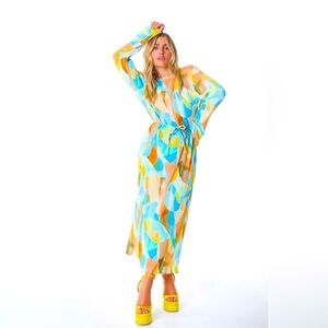 Never Fully Dressed Multicolor Abstract Midi Dress - Blue, Yellow, Orange